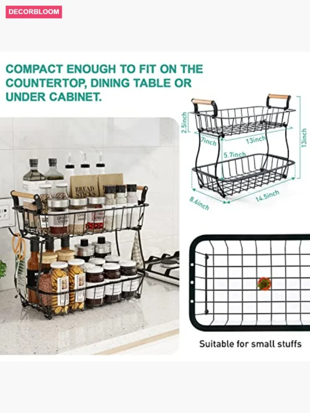 2 Tier Metal Fruit Basket with Banana Hangers, Countertop Storage